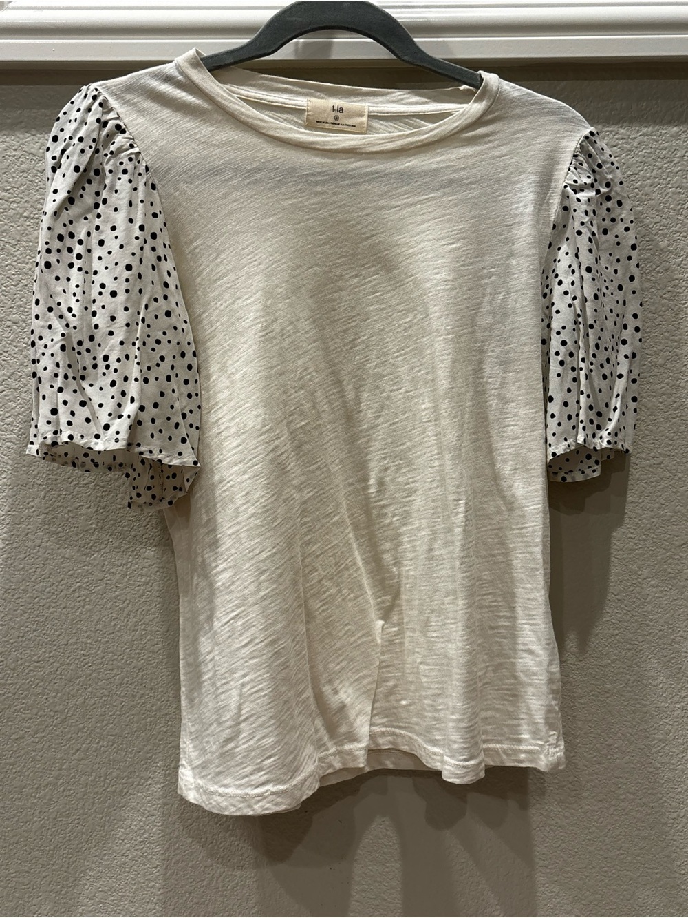 T.La White Tee with Black Polka-Dot Puff Sleeves